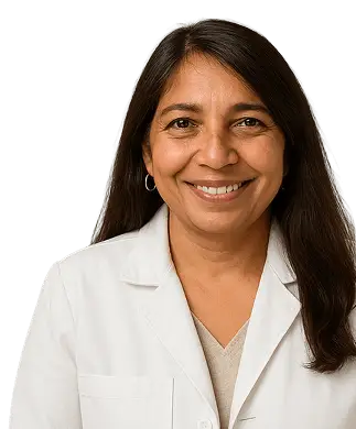 Dr. Krishna Kumar, MD, a medical professional, is depicted in a professional setting, wearing a white coat and stethoscope.